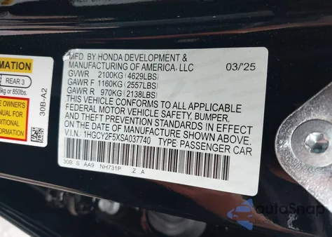 2025 Honda Accord Hybrid Sport z USA, uszkodzony, nr VIN 1HGCY2F5XSA037740
